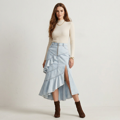Light Wash Denim Mermaid Midi Skirt – High-Waist Asymmetrical Ruffle Skirt with Front Zip &amp; Side Slit