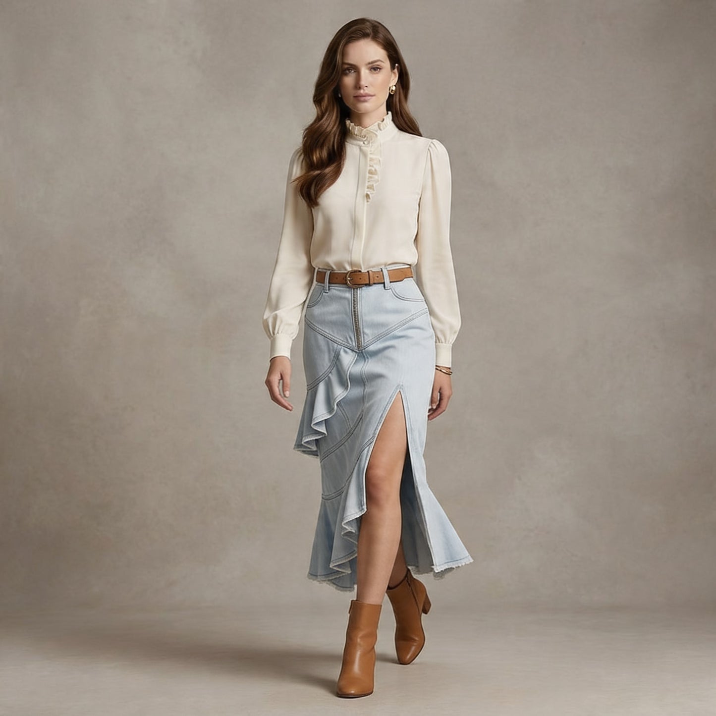 Light Wash Denim Mermaid Midi Skirt – High-Waist Asymmetrical Ruffle Skirt with Front Zip &amp; Side Slit