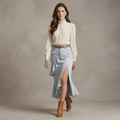 Light Wash Denim Mermaid Midi Skirt – High-Waist Asymmetrical Ruffle Skirt with Front Zip &amp; Side Slit