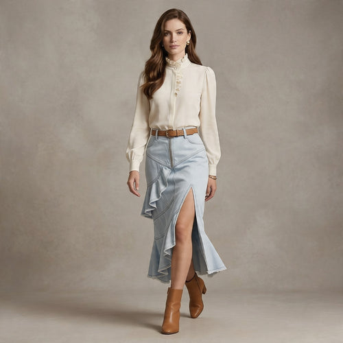 Light Wash Denim Mermaid Midi Skirt – High-Waist Asymmetrical Ruffle Skirt with Front Zip &amp; Side Slit